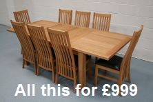 Buy this 1.6 - 2.0 - 2.4m double extending oak Lichfield table & 8 Lichfield solid oak chairs with leather pads for just �999  Click to view